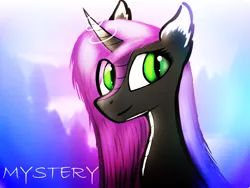 Size: 1600x1200 | Tagged: safe, artist:dave_sherk, derpibooru import, oc, oc:unsolved mystery, unofficial characters only, pony, unicorn, abstract background, big eyes, birthday, bust, commission, female, forest, green eyes, image, looking at you, magic, png, portrait, smiling, solo, text