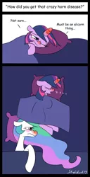 Size: 900x1755 | Tagged: safe, artist:strebiskunk, derpibooru import, princess celestia, twilight sparkle, pony, unicorn, ask horn warmer twilight, ail-icorn, spoiler:interseason shorts, ask, bed, blanket, comic, duo, duo female, female, implied horn penetration, implied penetration, onomatopoeia, pillow, red nosed, sick, signature, sleeping, sound effects, tumblr, zzz