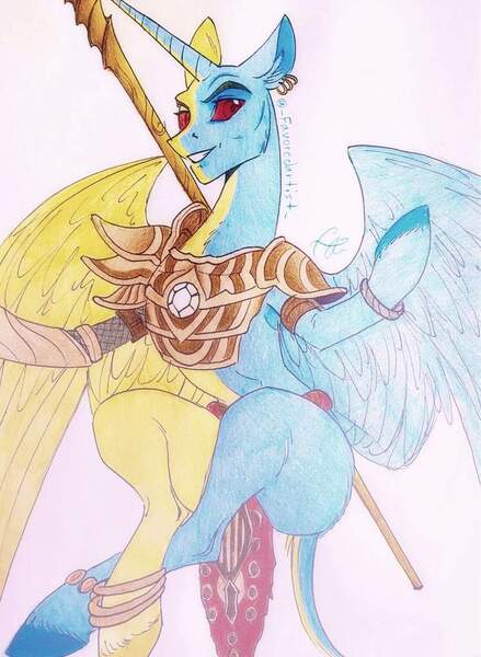 Size: 749x1024 | Tagged: safe, artist:favoredartist, derpibooru import, ponified, alicorn, pony, semi-anthro, armor, colored pencil drawing, colored sclera, crossed legs, crossover, elder scrolls, futa, herm, horn, intersex, jewelry, levitation, magic, morrowind, red eyes, red sclera, smiling, solo, spear, spread wings, telekinesis, the elder scrolls, traditional art, vivec, weapon, wings