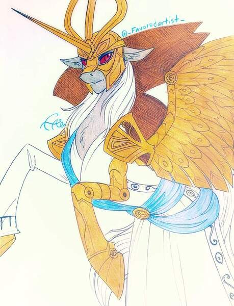 Size: 784x1024 | Tagged: safe, artist:favoredartist, derpibooru import, ponified, alicorn, pony, amputee, armor, artificial wings, augmented, clothes, colored pencil drawing, colored sclera, elder scrolls, helmet, horn, male, mask, mechanical wing, morrowind, prosthetic leg, prosthetic limb, prosthetic wing, prosthetics, rearing, red eyes, red sclera, sash, solo, sotha sil, spread wings, stallion, the elder scrolls, traditional art, wings