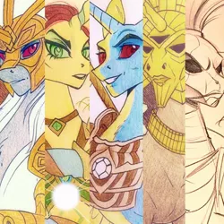 Size: 1024x1024 | Tagged: safe, artist:favoredartist, derpibooru import, ponified, alicorn, pony, almalexia, armor, clothes, colored pencil drawing, dagoth ur, elder scrolls, female, horn, magic, male, mare, morrowind, ordinator, smiling, sotha sil, stallion, the elder scrolls, traditional art, vivec