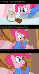 Size: 1000x1907 | Tagged: safe, derpibooru import, edit, edited screencap, screencap, pinkie pie, earth pony, pony, rock solid friendship, bed, bell, caption, clothes, cowbell, female, footed sleeper, footie pajamas, image macro, implied maud pie, letter, mare, meme, nethack, note, pajamas, pinkie's bedroom, scroll of amnesia, solo, text, video game reference