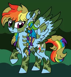 Size: 1177x1280 | Tagged: safe, artist:cordearcoiris, derpibooru import, rainbow dash, pegasus, pony, alternate hairstyle, alternate timeline, camouflage, chrysalis resistance timeline, cutie mark, ear piercing, earring, female, jewelry, mare, piercing, raised hoof, redraw, solo