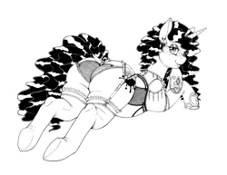 Size: 4747x3661 | Tagged: suggestive, artist:longinius, derpibooru import, oc, oc:scribbles, unofficial characters only, pony, unicorn, butt, clothes, corset, dock, ear piercing, earring, female, freckles, garter belt, horn, horn ring, horseshoes, jewelry, lingerie, looking at you, looking back, looking back at you, mare, piercing, plot, presenting, prone, ring, socks, solo, solo female, stockings, tail wrap, thick, thigh highs