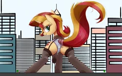 Size: 2000x1250 | Tagged: suggestive, artist:raps, derpibooru import, edit, sunset shimmer, pony, unicorn, blue underwear, bunset shimmer, butt, city, clothed ponies, clothes, colored pupils, ear fluff, female, frilly underwear, garters, giant pony, giantess, lingerie, looking at you, looking back, looking back at you, macro, mare, panties, plot, presenting, sexy, smiling, smirk, socks, solo, solo female, stockings, tail wrap, thigh highs, underwear