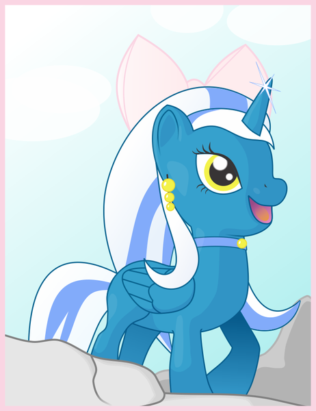 Size: 720x935 | Tagged: safe, artist:aquilateagle, derpibooru import, oc, oc:fleurbelle, alicorn, pony, alicorn oc, bow, choker, cloud, cute, female, folded wings, hair bow, happy, horn, jewelry, long hair, long mane, long tail, mare, mouth, open mouth, ribbon, rock, sweet, toy, wings, yellow eyes