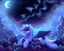 Size: 5555x4444 | Tagged: safe, artist:airiniblock, derpibooru import, oc, oc:night shine, unofficial characters only, alicorn, pony, absurd resolution, alicorn oc, cloud, commission, crescent moon, female, horn, mare, moon, night, open mouth, rcf community, solo, transparent moon, wings