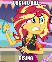 Size: 500x593 | Tagged: safe, derpibooru import, edit, edited screencap, screencap, sci-twi, sunset shimmer, twilight sparkle, equestria girls, equestria girls series, rollercoaster of friendship, geode of empathy, magical geodes, messy hair, offscreen character, the simpsons, urge to kill rising