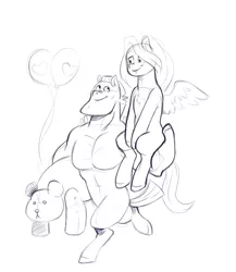 Size: 2000x2300 | Tagged: safe, artist:raph13th, derpibooru import, bulk biceps, fluttershy, pegasus, pony, balloon, chest fluff, female, flutterbulk, male, mare, monochrome, shipping, simple background, sketch, smiling, stallion, straight, teddy bear, white background