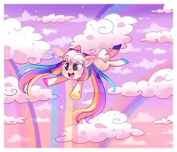 Size: 800x685 | Tagged: safe, artist:ipun, derpibooru import, oc, oc:funfetti, unofficial characters only, earth pony, pony, chibi, cloud, deviantart watermark, female, heart eyes, mare, multicolored hair, obtrusive watermark, rainbow, rainbow hair, solo, watermark, wingding eyes