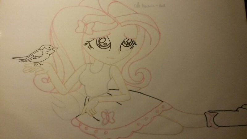 Size: 1200x675 | Tagged: safe, derpibooru import, fluttershy, bird, equestria girls, cute, happy, roseyvioletpink, sketch, solo