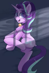 Size: 1181x1772 | Tagged: safe, artist:shadowreindeer, derpibooru import, starlight glimmer, pony, unicorn, bell, bell collar, blushing, cat bell, cheek fluff, chest fluff, collar, cute, dock, ear fluff, eye clipping through hair, featureless crotch, female, glimmerbetes, hair over one eye, looking at you, mare, open mouth, pet glimmer, side, signature, smiling, solo