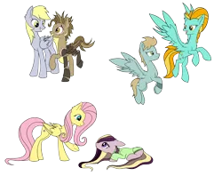 Size: 2908x2304 | Tagged: safe, artist:icey-wicey-1517, artist:nightpaint12, color edit, derpibooru import, edit, derpy hooves, fluttershy, lightning dust, oc, oc:jasper (ice1517), oc:shy meadows, oc:tinker (ice1517), cyborg, earth pony, pegasus, pony, icey-verse, amputee, artificial wings, augmented, blank flank, bracelet, clothes, collaboration, colored, family, female, flying, jewelry, magical lesbian spawn, male, mare, mechanical wing, mother and child, mother and daughter, mother and son, next generation, offspring, open mouth, parent:derpy hooves, parent:doctor whooves, parent:fluttershy, parent:lightning dust, parent:limestone pie, parent:tree hugger, parents:doctorderpy, parents:flutterhugger, parents:limedust, prosthetic limb, prosthetic wing, prosthetics, raised hoof, simple background, stallion, sweater, trans boy, transgender, transparent background, wall of tags, wings