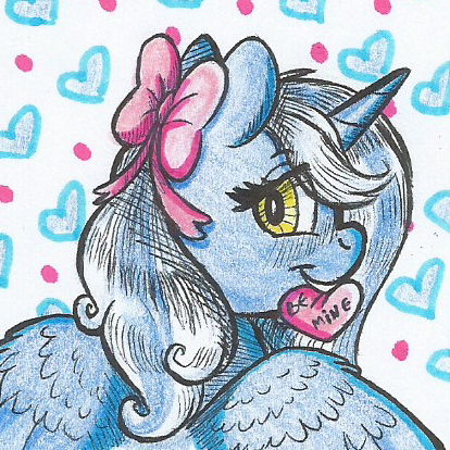 Size: 414x414 | Tagged: safe, artist:69beas, derpibooru import, oc, oc:fleurbelle, unofficial characters only, alicorn, pony, alicorn oc, bow, female, heart, holiday, horn, mare, smiling, solo, traditional art, valentine's day, wings