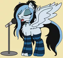 Size: 964x888 | Tagged: safe, artist:rosefang16, derpibooru import, oc, oc:grace, unofficial characters only, pegasus, pony, chest fluff, clothes, collar, ear fluff, ear piercing, earring, eyes closed, eyeshadow, female, jewelry, lip piercing, makeup, mare, microphone, multicolored hair, nose piercing, nose ring, open mouth, piercing, simple background, singing, socks, solo, spiked collar, spread wings, striped socks, torn clothes, wing fluff, wings, yellow background