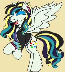 Size: 828x912 | Tagged: safe, artist:rosefang16, derpibooru import, oc, oc:chickadee, unofficial characters only, pegasus, pony, choker, clothes, ear piercing, earring, eyeshadow, female, headband, headset, jacket, jewelry, leather jacket, leg fluff, makeup, mare, microphone, open mouth, piercing, shirt, simple background, solo, spiked choker, t-shirt, wing fluff, yellow background