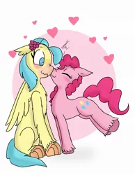 Size: 1694x2182 | Tagged: safe, artist:eeveelutionlova, artist:princessmuffinart, derpibooru import, pinkie pie, princess skystar, earth pony, hippogriff, pony, my little pony: the movie, blushing, cute, diapinkes, female, heart, kissing, lesbian, shipping, skypie