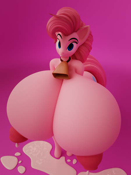 Size: 960x1280 | Tagged: 3d, anthro, artist:sparkbox, bell, bell collar, big breasts, big nipples, blender, breast milk, breasts, busty pinkie pie, collar, cowbell, derpibooru import, female, huge breasts, hyper, hyper breasts, impossibly large breasts, impossibly large nipples, lactation, looking at you, milk, nipples, nudity, pincow pie, pink background, pinkie pie, questionable, simple background, solo, solo female, spindles' birthday, unguligrade anthro