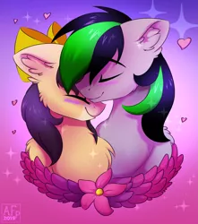 Size: 3231x3651 | Tagged: safe, artist:airfly-pony, derpibooru import, oc, oc:nighty, oc:radiant light, unofficial characters only, pony, bow, bust, cute, ear fluff, eyes closed, female, flower, heart, holiday, male, portrait, rcf community, shipping, smiling, sparks, valentine's day