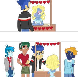 Size: 3472x3430 | Tagged: safe, artist:lavander doodles, derpibooru import, flash sentry, thunderbass, timber spruce, oc, oc:azure/sapphire, oc:night archive, equestria girls, camp everfree outfits, crossdressing, femboy, gay, hearts and hooves day, holiday, kissing, kissing booth, male, valentine's day