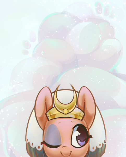 Size: 1302x1616 | Tagged: safe, artist:mirroredsea, derpibooru import, somnambula, pegasus, pony, abstract background, c:, cloud, cut, cute, female, head, head only, mare, one eye closed, peeking, smiling, solo, somnambetes, wink