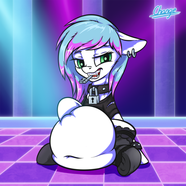 Size: 1000x1000 | Tagged: questionable, artist:change, derpibooru import, oc, oc:vorepone, pony, belly, belly bondage, clothes, collar, dance floor, ear piercing, fangs, fetish, key, lock, looking at you, padlock, padlocked collar, piercing, punk, sharp teeth, teeth, underhoof, vore, vore bondage