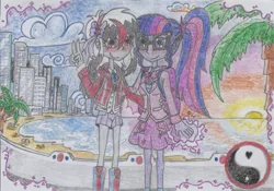 Size: 1755x1227 | Tagged: safe, artist:nephilim rider, derpibooru import, sci-twi, twilight sparkle, oc, oc:heaven lost, equestria girls, equestria girls series, blushing, city, coast, dawn, traditional art