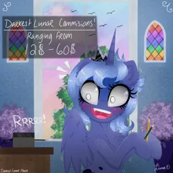 Size: 3024x3024 | Tagged: safe, artist:darkest-lunar-flower, derpibooru import, princess luna, alicorn, pony, cheek fluff, chest fluff, ear fluff, female, on the moon for too long, pencil, pencil sharpener, s1 luna, scared, solo