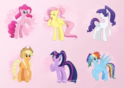 Size: 1024x726 | Tagged: safe, artist:atomicheartlight, derpibooru import, applejack, fluttershy, pinkie pie, rainbow dash, rarity, twilight sparkle, twilight sparkle (alicorn), alicorn, earth pony, pegasus, pony, unicorn, alternate hairstyle, braid, braided tail, cute, dashabetes, diapinkes, eye clipping through hair, eyes closed, jackabetes, mane six, open mouth, pigtails, pink background, ponytail, raribetes, shyabetes, simple background, twiabetes, twintails