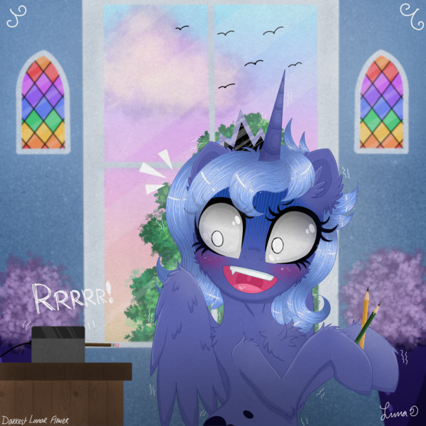 Size: 3024x3024 | Tagged: safe, artist:darkest-lunar-flower, derpibooru import, princess luna, alicorn, pony, belly button, blushing, cheek fluff, chest fluff, cute, ear fluff, female, lavender, lunabetes, on the moon for too long, pencil, pencil sharpener, s1 luna, scared, slightly creepy, solo, stained glass, surprised