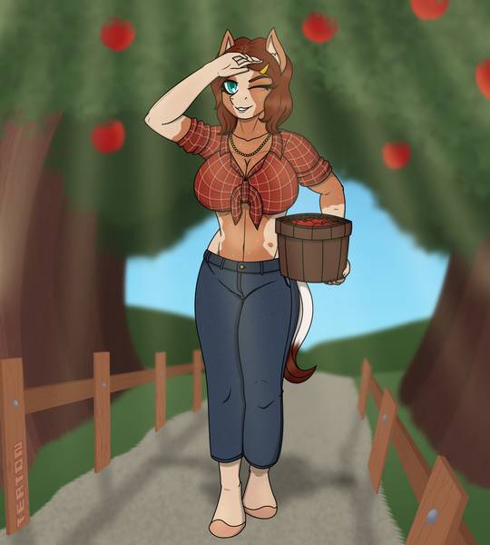 Size: 1800x2000 | Tagged: suggestive, artist:tertonda, deleted from derpibooru, derpibooru import, oc, oc:honeycrisp meadow, unofficial characters only, anthro, earth pony, unguligrade anthro, anthro oc, apple, apple tree, big breasts, breasts, cleavage, clothes, commission, female, food, front knot midriff, mare, midriff, milf, one eye closed, orchard, pants, plaid shirt, shirt, sweat, tree