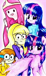 Size: 1792x2944 | Tagged: safe, artist:liaaqila, derpibooru import, twilight sparkle, twilight sparkle (alicorn), alicorn, human, pony, equestria girls, adventure time, crossover, cute, dendy, eye clipping through hair, gravity falls, humanized, ok ko let's be heroes, open mouth, pacifica northwest, princess bubblegum, traditional art, twiabetes