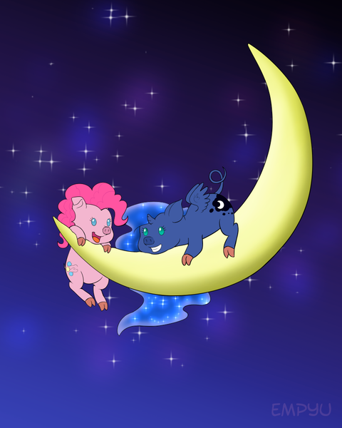 Size: 800x1000 | Tagged: artist:empyu, cloven hooves, crescent moon, cute, derpibooru import, diapinkes, duo, female, lunabetes, moon, night, pig, piggie pie, pigified, pinkie pie, princess luna, princess moonpig, safe, sky, smiling, species swap, stars, tangible heavenly object, transparent moon