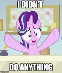 Size: 371x439 | Tagged: safe, derpibooru import, edit, edited screencap, screencap, starlight glimmer, pony, marks for effort, caption, i have done nothing productive all day, image macro, meme, raised hoof, smiling, text