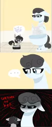 Size: 1776x4343 | Tagged: safe, artist:nootaz, derpibooru import, oc, oc:kohlette, oc:roomby, ponified, unofficial characters only, object pony, original species, pony, roomba pony, toilet pony, but why, dialogue, floppy ears, newspaper, roomba, toilet