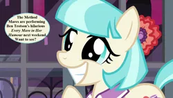 Size: 1280x720 | Tagged: safe, derpibooru import, edit, edited screencap, screencap, coco pommel, pony, made in manehattan, ben jonson, bow, bronybait, cocobetes, cute, dialogue, every man in his humour, mane bow, speech bubble