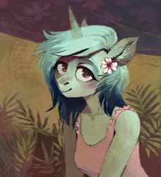 Size: 1368x1500 | Tagged: safe, artist:dearmary, derpibooru import, oc, unofficial characters only, anthro, unicorn, anthro oc, blushing, bust, clothes, female, flower, flower in hair, horn, looking at you, mare, plants, portrait, solo, unicorn oc