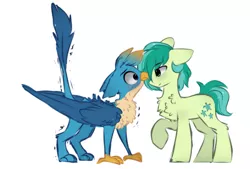 Size: 1399x948 | Tagged: safe, artist:little-sketches, derpibooru import, gallus, sandbar, earth pony, gryphon, pony, blushing, chest fluff, gallbar, gay, looking at each other, male, shipping, simple background, smiling, tail, tailboner, white background