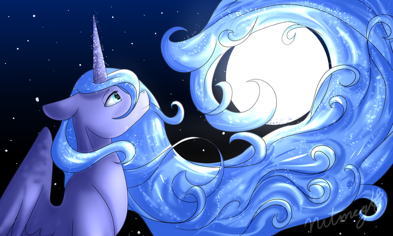 Size: 5000x3000 | Tagged: artist:nutmeg04, derpibooru import, full moon, high res, long mane, moon, night, princess luna, safe, signature, smiling, solo, stars, wallpaper