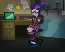 Size: 736x588 | Tagged: safe, artist:radiantrealm, artist:sonicrock56, derpibooru import, sci-twi, twilight sparkle, equestria girls, animated at source, bondage, bound and gagged, clothes, crystal prep academy uniform, damsel in distress, eye shimmer, gag, kidnapped, office chair, rope, rope bondage, school uniform, show accurate, tape, tape gag, tied to chair, tied up