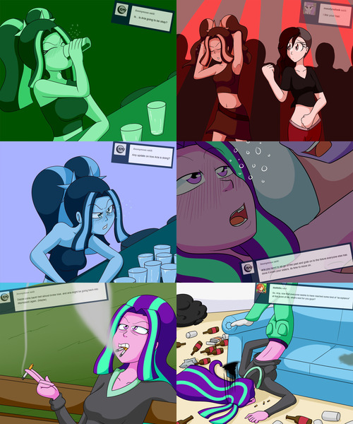 Size: 2000x2400 | Tagged: questionable, artist:jake heritagu, derpibooru import, aria blaze, comic:aria's archives, equestria girls, alcohol, armpits, beer bottle, breasts, cigarette, clothes, club, comic, couch, drunk, female, glass, hoodie, implied sex, midriff, smoking, socks, strobe lights, tube top