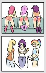 Size: 782x1244 | Tagged: abuse, apple bloom, applebuse, applejack, applejack is not amused, artist:spankinglover, ass, brush, butt, button shirt, cameltoe, clothes, comic, couch, cutie mark crusaders, derpibooru import, female, females only, human, humanized, jeans, pants, plaid shirt, punishment, rainbow dash, rarity, rarity is not amused, scootabuse, scootaloo, semi-grimdark, shirt, simple background, skinny jeans, skipping rope, source needed, spaghetti strap, spanking, spank mark, sports bra, sports panties, suggestive, sweetie belle, sweetiebuse, switch, tanktop, this will end in jail time, unamused, underwear, useless source url, varying degrees of amusement, white background