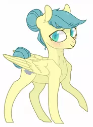 Size: 942x1280 | Tagged: safe, artist:jellybeanbullet, derpibooru import, oc, oc:venti via, unofficial characters only, pegasus, pony, beanbrows, blushing, cutie mark, eyebrows, eyebrows visible through hair, hair bun, raised hoof, simple background, smiling, solo, white background, wings