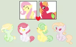 Size: 1024x643 | Tagged: safe, artist:mlp-snowy, derpibooru import, big macintosh, fluttershy, oc, earth pony, pegasus, pony, adoptable, adopted, baby ponies, base used, closed, female, fluttermac, green background, heart, male, offspring, parent:big macintosh, parent:fluttershy, parents:fluttermac, shipping, simple background, straight