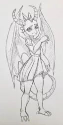 Size: 648x1280 | Tagged: anthro, artist:kelpiemoonknives, clothes, cute, derpibooru import, dragon, dragoness, dress, female, grayscale, looking at you, monochrome, pencil drawing, safe, sketch, smolder, smolderbetes, solo, traditional art