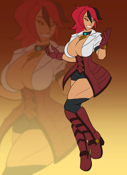 Size: 2400x3300 | Tagged: absolute cleavage, alternate hairstyle, artist:toughset, boots, breasts, busty calvia, choker, cleavage, clothes, derpibooru import, gloves, high heel boots, human, humanized, oc, oc:calvia, shoes, smug, suggestive, unofficial characters only, zoom layer