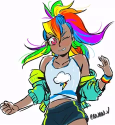 Size: 840x914 | Tagged: artist:nounoo, blushing, clothes, cute, dark skin, derpibooru import, human, humanized, jacket, kotobukiya, kotobukiya rainbow dash, looking at you, one eye closed, rainbow dash, safe, shirt, shorts, simple background, solo, white background, wink, wristband