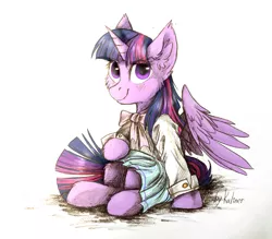 Size: 2795x2448 | Tagged: safe, artist:kaliner123, derpibooru import, twilight sparkle, twilight sparkle (alicorn), alicorn, pony, blushing, bowtie, cheek fluff, clothes, cute, ear fluff, female, floppy ears, fluffy, hoof fluff, leg fluff, looking at you, mare, shirt, signature, simple background, sitting, skirt, smiling, smirk, solo, spread wings, twiabetes, white background, wing fluff, wings