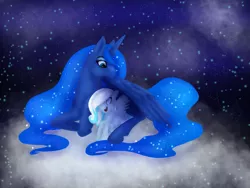 Size: 2777x2093 | Tagged: safe, artist:nutmeg04, derpibooru import, princess luna, oc, oc:snowdrop, alicorn, pegasus, pony, cloud, covering, duo, ethereal mane, female, filly, looking at each other, mare, missing accessory, open mouth, redraw, smiling, starry mane, starry night, stars, wing covering