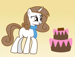 Size: 11788x8993 | Tagged: safe, artist:redfire-pony, derpibooru import, oc, oc:vanilla cocoa, unofficial characters only, pony, unicorn, absurd resolution, cake, clothes, female, food, mare, scarf, simple background, solo, yellow background